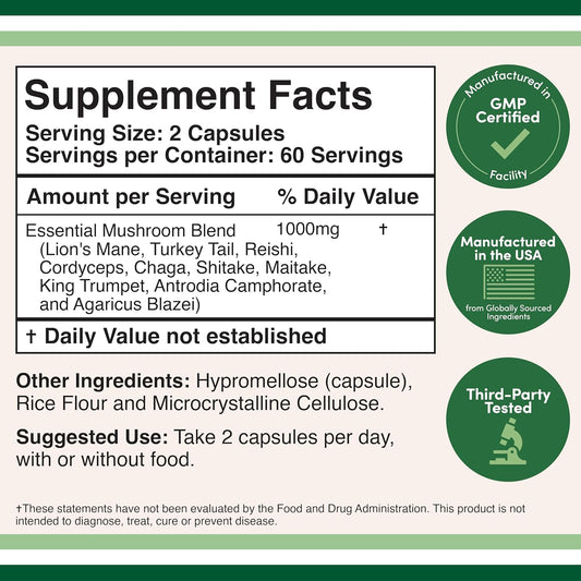 Mushroom Blend Supplement - 1,000Mg Top 10 Usa Grown Mushrooms (Lion'S Mane, Reishi, Cordyceps, And More)