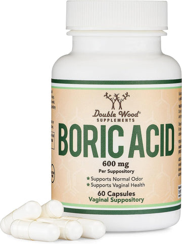 Boric Acid Suppositories (600mg Vaginal Suppository, 60 Count) Supports Vaginal pH Balance, Odor Control (USP Medical Grade Fine Powder, Easy Dissolve, Third Party Tested) by Double Wood