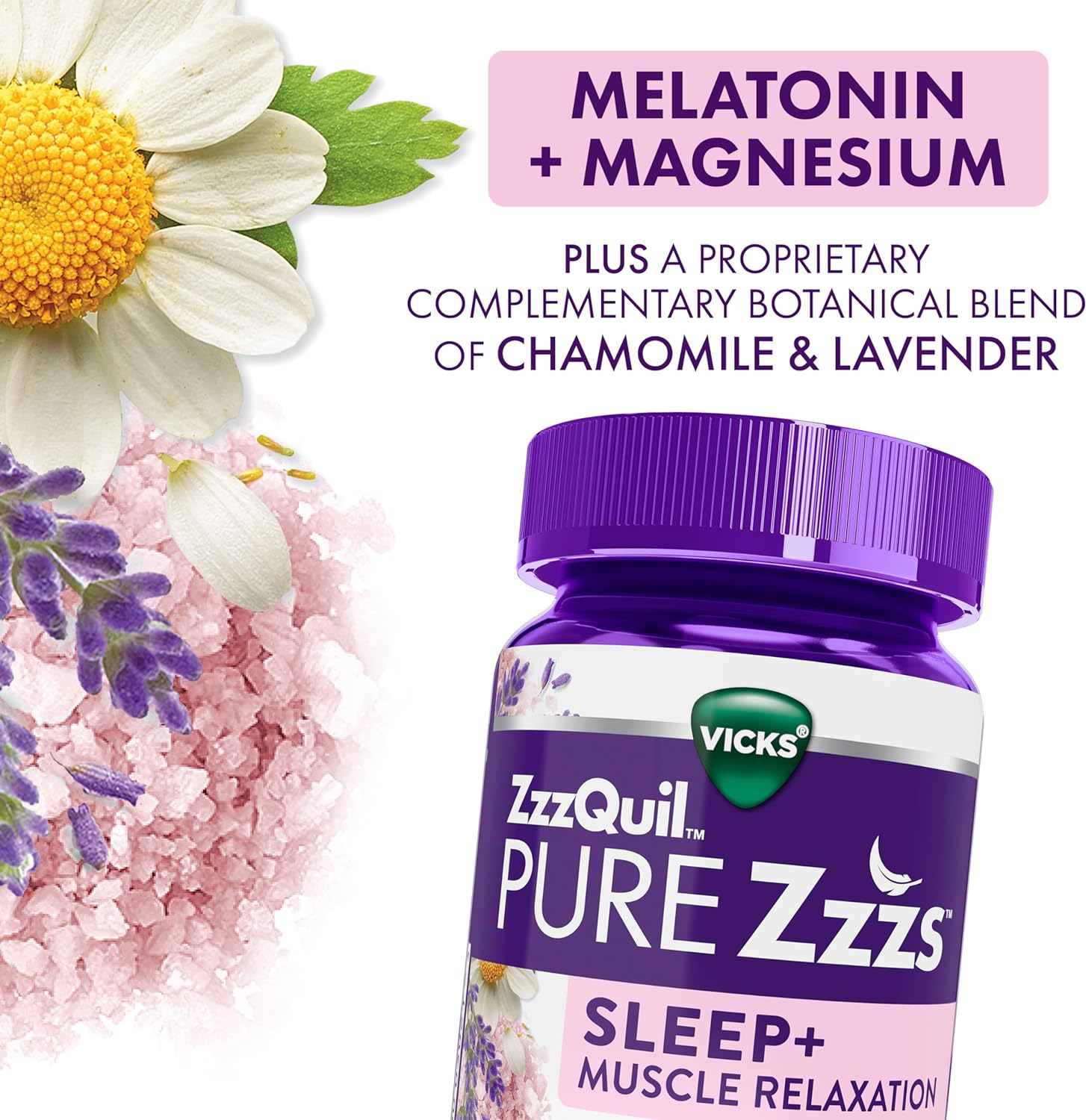 Vicks ZzzQuil Pure Zzzs Sleep+ Muscle Relaxation Melatonin Sleep Aid Gummies, Supports Healthy Muscle Function, Melatonin + Magnesium, No Next-Day Grogginess, Drug-Free & Non-Habit Forming, 60ct : Health & Household