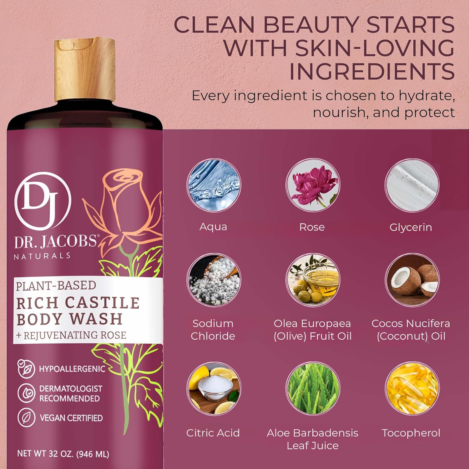 Dr.Jacobs Naturals Dr. Jacobs Naturals Pure Castile Liquid Soap - Natural Face And Body Wash, Almond Honey 32 Oz. : Beauty & Personal Care