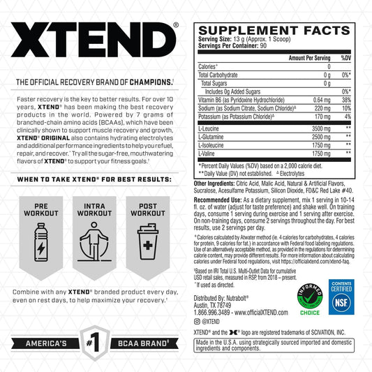 Scivation Xtend Original Bcaa Powder Strawberry Kiwi Splash | Sugar Free Post Workout Muscle Recovery Drink With Amino Acids | 7G Bcaas For Men & Women| 90 Servings