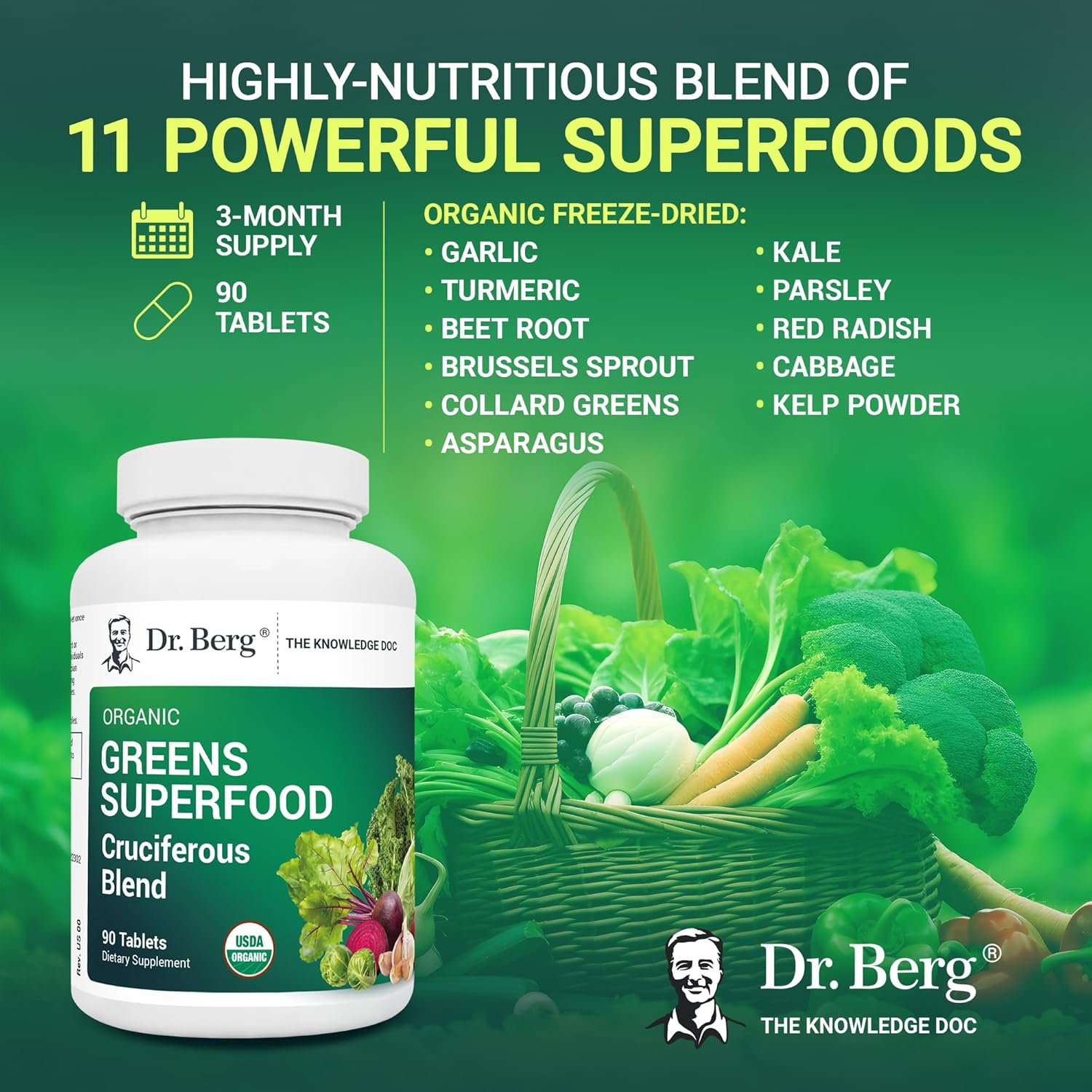Dr. Berg's Greens Superfood Cruciferous Vegetable Tablets - Vegetable Supplements for Adults w/ 11 Phytonutrient Super Greens Tablets - Energy, Immune System & Liver Veggie Tablets - 90 Tablets : Health & Household