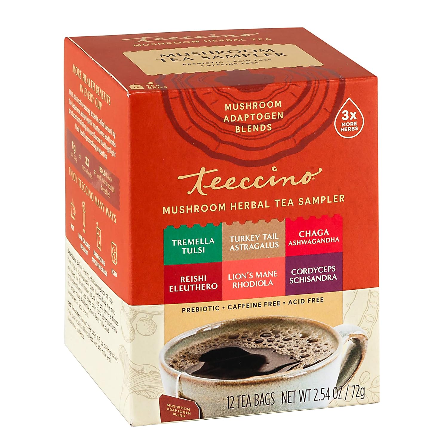 Teeccino Mushroom Herbal Tea - Mushroom Adaptogen Tea Sampler - Support Your Health With Mushrooms And Adaptogenic Herbs, Prebiotic, Caffeine Free, Acid Free, 12 Tea Bags