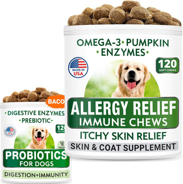 Allergy Relief + Dog Probiotics Chews Bundle - Itchy Skin Relief + Upset Stomach Relief - Omega 3, Pumpkin, Enzymes, Prebiotics - Seasonal Allergies + Improve Digestion - 120 + 120 Chews - Made In Usa