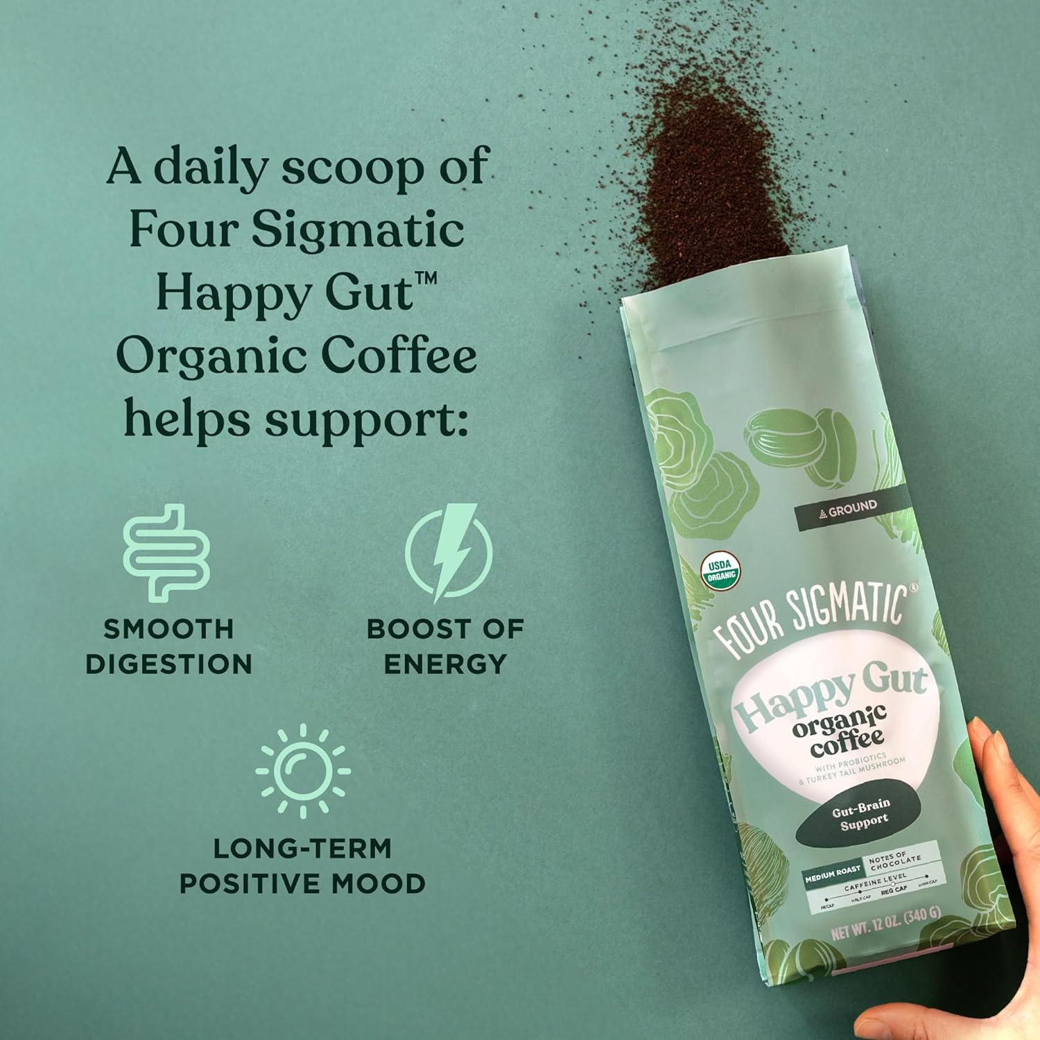 Four Sigmatic Happy Gut Organic Ground Coffee | Medium Roast Fair Trade Gourmet Coffee with Chaga & Turkey Tail | Immune Boosting, Probiotic Mushroom Coffee for Gut Health & Immune Support | 12oz Bag : Grocery & Gourmet Food