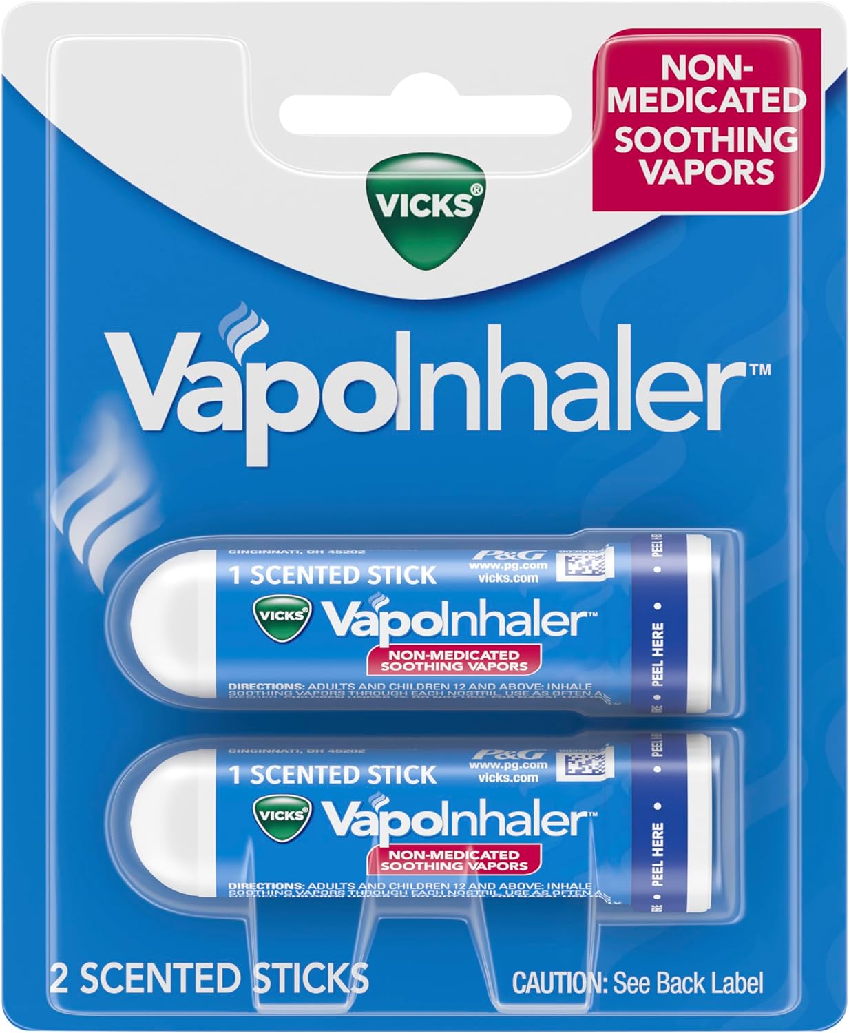 Vicks VapoInhaler, On-the-Go Portable Nasal Inhaler, Non-Medicated, With Refreshing Vicks Vapors, Menthol Scent , 2 Scented Sticks