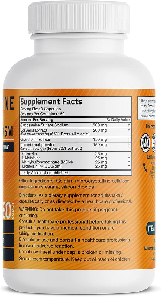 Bronson Glucosamine Chondroitin Turmeric & Msm Advanced Joint & Cartilage Formula, Supports Healthy Joints, Mobility & Cartilage - Non-Gmo, 180 Capsules