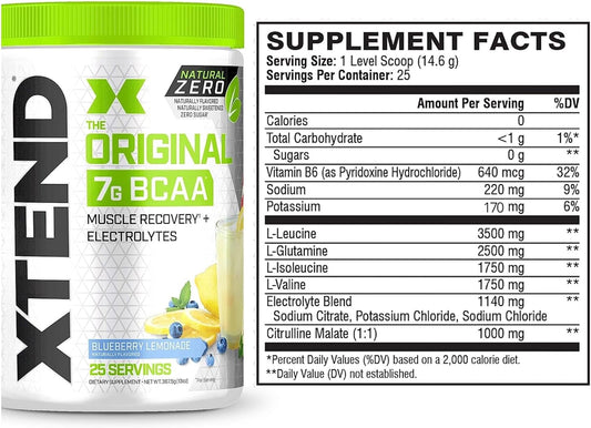 XTEND Natural Zero BCAA Powder Blueberry Lemonade | Free of Artificial Sweeteners, Flavors, and Chemical Dyes | Post Workout Drink with Amino Acids | 7g BCAAs for Men & Women | 25 Servings