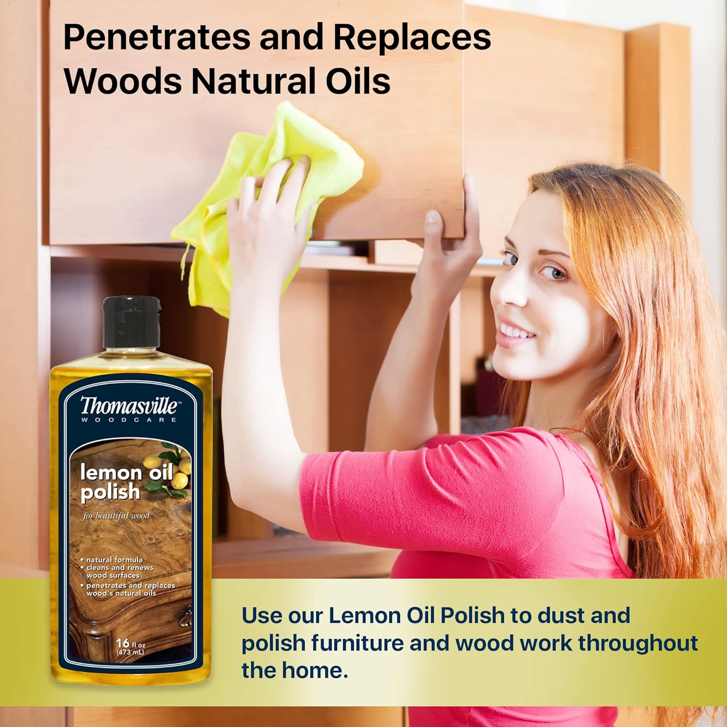 THOMASVILLE LEMON OIL POLISH - Natural Lemon Scented Wood Cleaner & Furniture Polish, Cleans, Renews, Restores & Rejuvenates Wood Surfaces, Protects Wood from Drying or Cracking, Leaves a Shiny Finish, 16oz : Health & Household