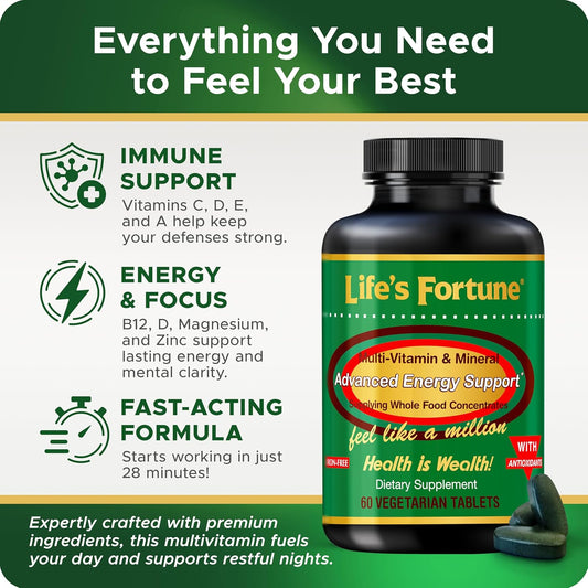 Life'S Fortune Multivitamin & Mineral 60 Tablets, All Natural Energy Source Supplying Whole Food Concentrates, Antioxidants, Amino Acids, Enzymes, Trace Minerals & More