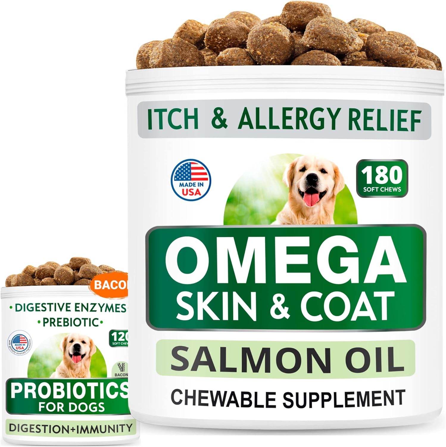 Omega 3 For Dogs + Dog Probiotics Chews Bundle - Itch Relief + Upset Stomach Relief - Epa & Dha Fatty Acids + Enzymes + Prebiotics - Joint Health + Improve Digestion - 120 + 180 Chews - Made In Usa