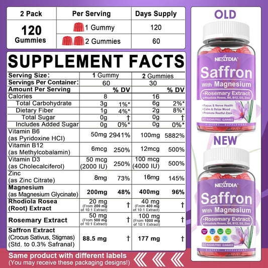 Saffron With Magnesium Glycinate Gummies, 2 Months Supply -Sugar Free Magnesium 400/200Mg W/Saffron,Rhodiola,Rosemary, B6,B12,D3 For S-Leep, Calm,Focus, Relax, Nerve, Melatonin Free Gummies