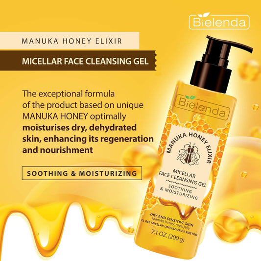 Bielenda Manuka Honey Nutri Elixir - Gently Cleanses And Refreshes Delicate And Demanding Dry And Sensitive Skin - Manuka Honey Soothing Face Micellar Cleansing Gel For Dry And Sensitive Skin - 200 G