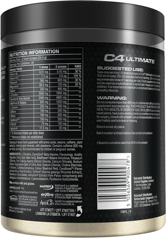 C4 Ultimate Pre Workout Powder Cosmic Rainbow 20 Servings, 40 If Single Scooped | Zero Sugar Pre Workout With Caffeine 300Mg, L Citrulline 7000Mg, Beta Alanine 4800Mg, Vitamins And Electrolytes