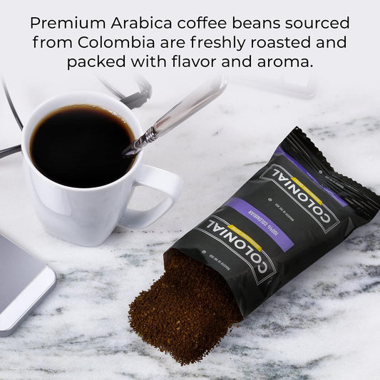 Colonial Coffee Packets, Pre Ground Coffee Packs, Colombian Medium Roast, Bulk Bags For Drip Coffee Makers (2.5 Oz Bags, Pack Of 100)