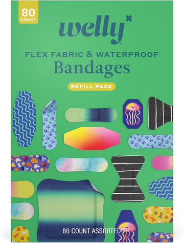 Welly Bandage Family Pack | Adhesive Flexible Fabric & Waterproof Bandages | Assorted Shapes And Patterns For Minor Cuts, Scrapes, And Wounds - 80 Count