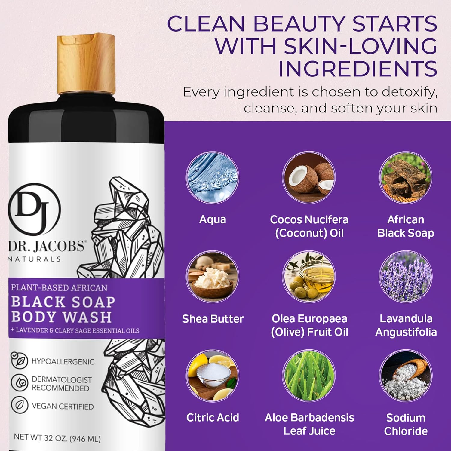 Dr Jacobs Naturals Authentic African Black Liquid Soap With Lavender & Sage Scent All-In-One Face Wash, Sensitive Skin Body Wash, Shampoo, Shaving Soap | Moisturizing And Nourishing Formula 32Oz 1Pk : Beauty & Personal Care