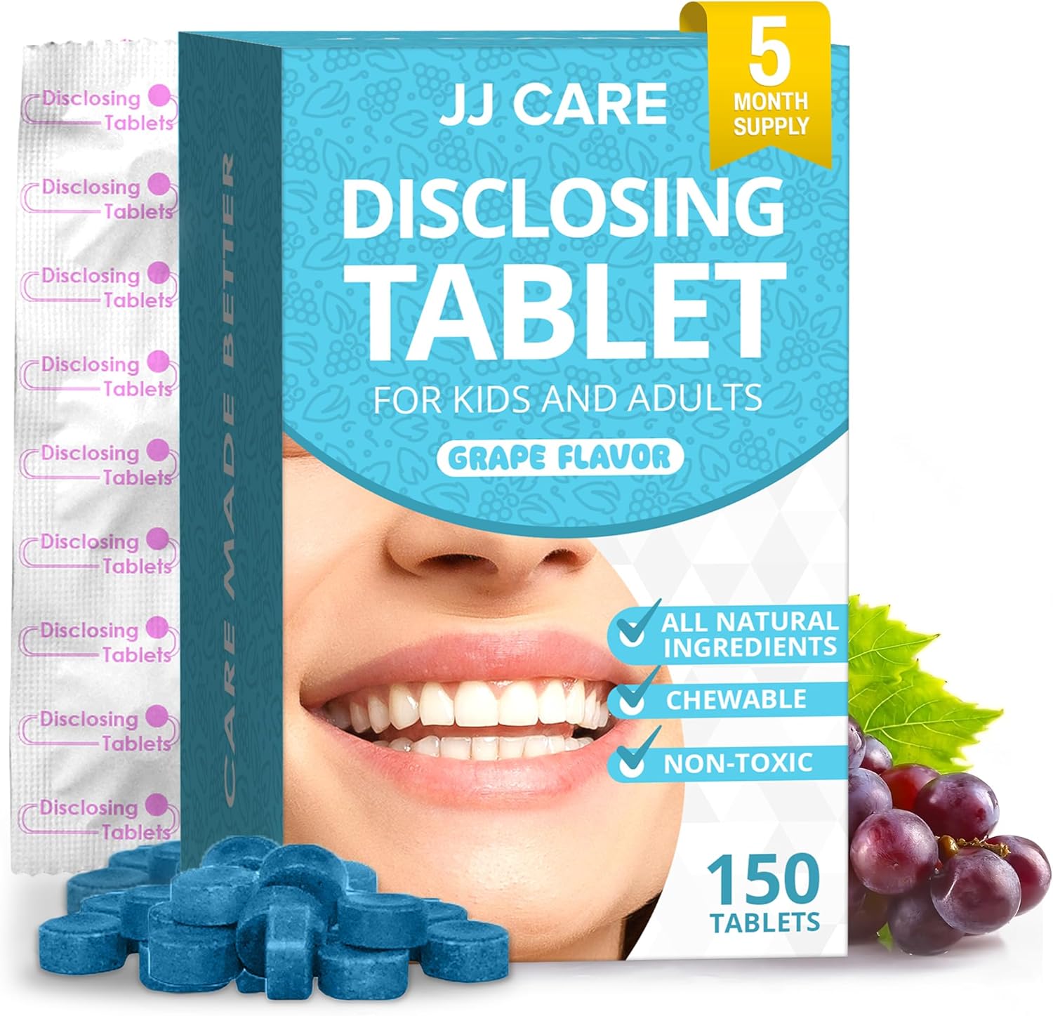 Jj Care Plaque Disclosing Tablets For Teeth - 150 Count, Individually Wrapped Plaque Disclosing Tablets For Kids Brushing Teeth, Grape Flavored Plaque Remover, Dental Care For Brushing