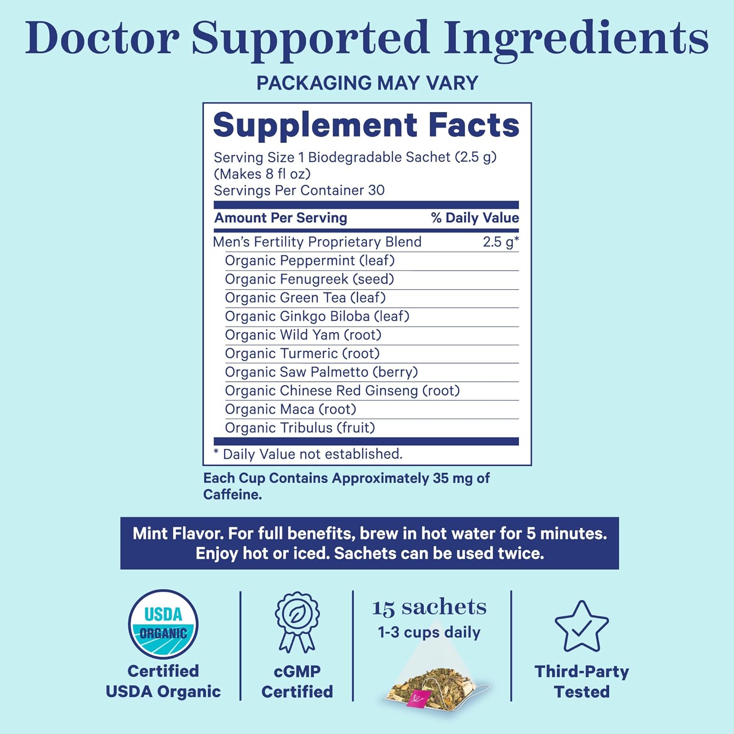 Blue Stork Men's Fertility Tea: Organic Fertility Supplements for Men, Green Tea, Maca Root, and Ginkgo Biloba for Male Reproductive Health, Mint, 30 Cups : Health & Household