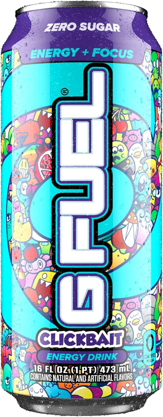 G Fuel Clickbait Energy Drink, Sugar Free, Healthy Drinks, Zero Calorie, 300 Mg Caffeine Per Carbonated Can, Cherry Pomegranate Fruit Flavor, Focus Amino, Vitamin + Antioxidants Blend - 12 Pack