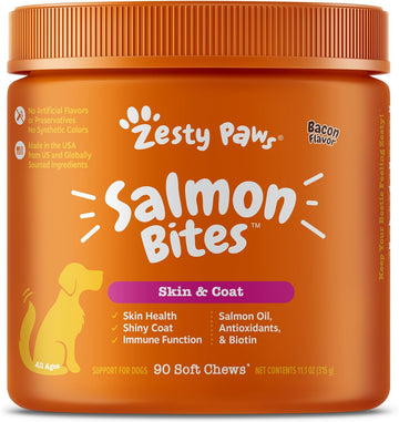Salmon Fish Oil Omega 3 for Dogs - with Wild Alaskan Salmon Oil - Anti Itch Skin & Coat + Allergy Support - Hip & Joint + Arthritis Dog Supplement + EPA & DHA - 90 Chew Treats - Bacon Flavor
