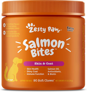 Salmon Fish Oil Omega 3 For Dogs - With Wild Alaskan Salmon Oil - Anti Itch Skin & Coat + Allergy Support - Hip & Joint + Arthritis Dog Supplement + Epa & Dha - 90 Chew Treats - Bacon Flavor