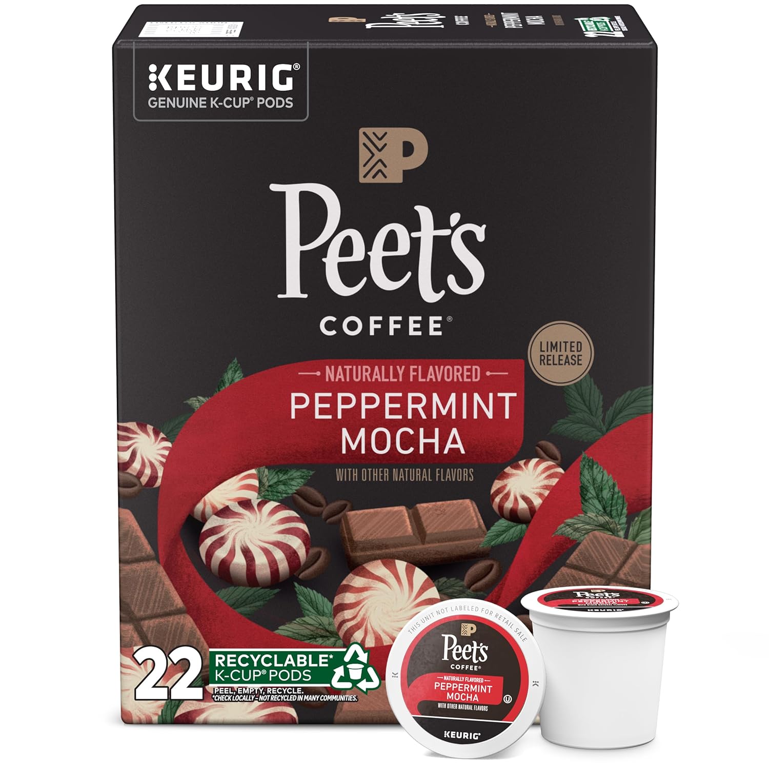 Peet's Coffee, Flavored Coffee K-Cup Pods for Keurig Brewers - Peppermint Mocha 22 Count (1 Box of 22 K-Cup Pods)