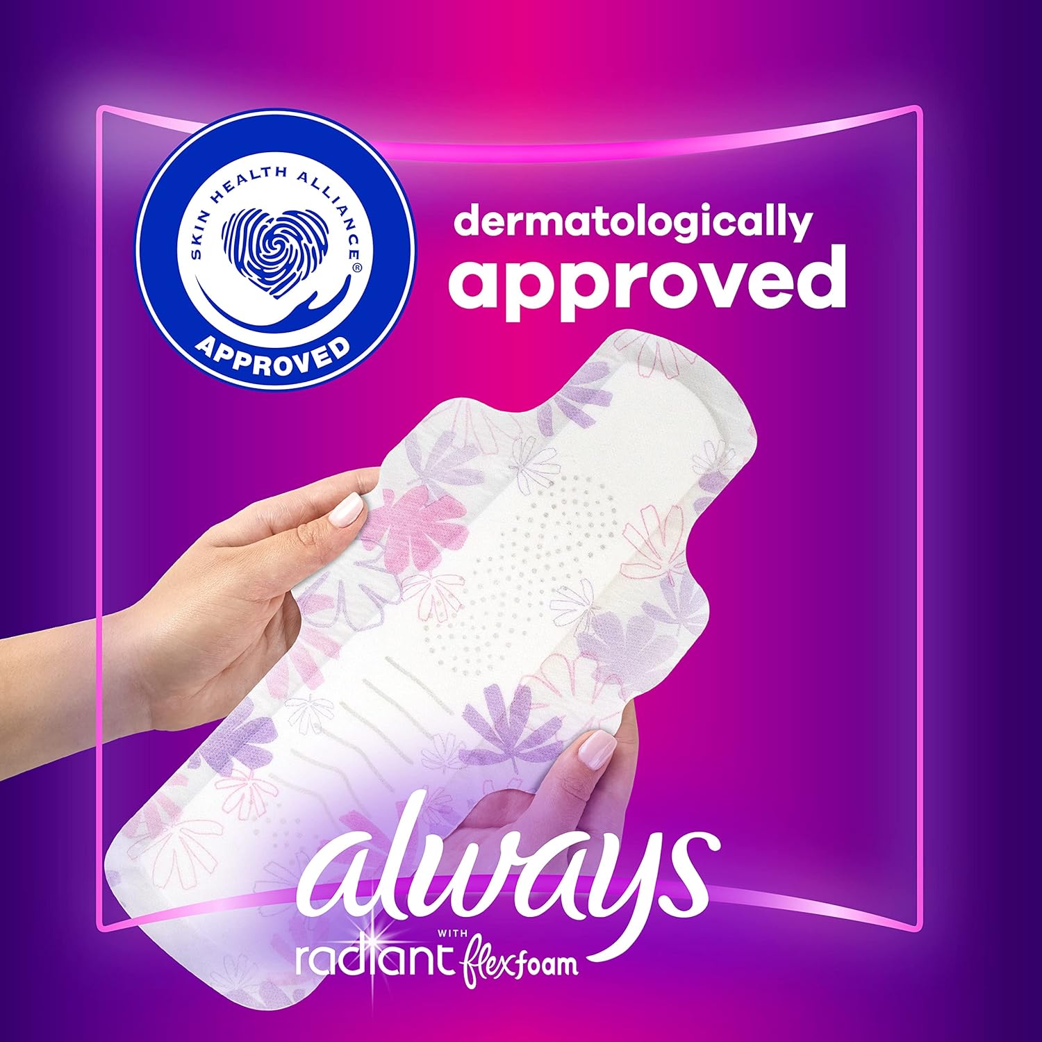 Always Radiant Overnight Feminine Pads For Women, Size 5 Extra Heavy Nighttime, With Wings, Scented, 54 Ct