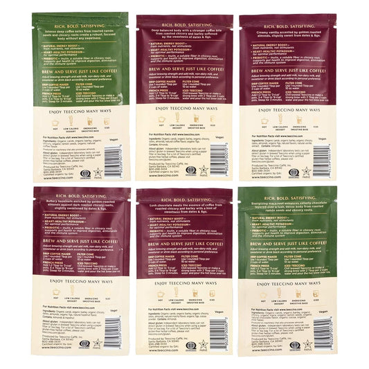 Teeccino Herbal Coffee Sampler - 6 X 30G Trial Size Chicory Coffee Alternatives - French Roast, Vanilla Nut, Hazelnut, Mocha, Maca Chocolate, Java – Prebiotic, Caffeine Free & Acid Free