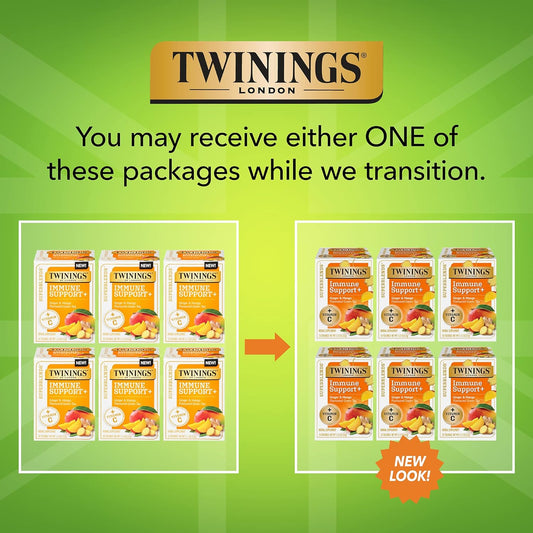 Twinings Superblends Immune Support+ Herbal Tea with Vitamin C, Ginger & Mango Flavoured Green Tea, 16 Tea Bags (Pack of 6), Enjoy Hot or Iced