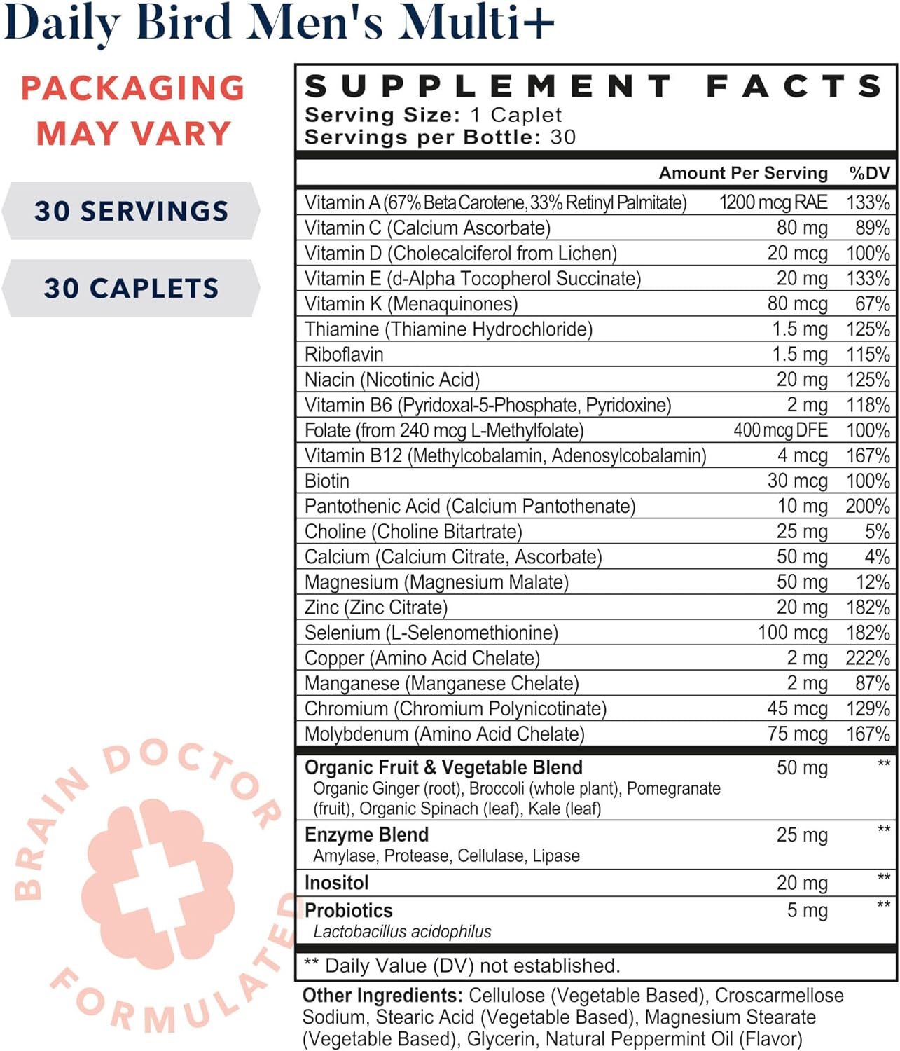 Best Nest Daily Bird Men's Multivitamin with Probiotics, Methylfolate, B12, with Whole Food Organic Blend, Once Daily Multivitamin Supplement, 30 Ct : Health & Household