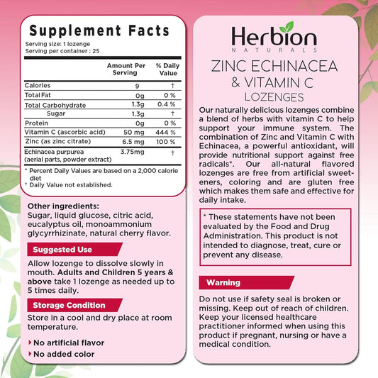 Herbion Naturals Zinc, Echinacea and Vitamin C Lozenges with Natural Cherry Flavor - 25 CT ? Dietary Supplement ? Supports Immune System ? Promotes Overall Good Health for Adults and Children 5+