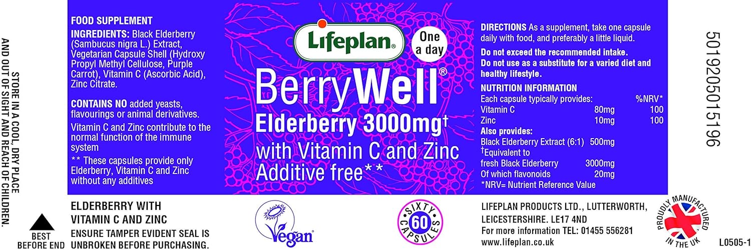 Lifeplan BerryWell Elderberry 3000mg Supplement with Sambucus, Vitamin C + Zinc (60 Capsules) — 60-Day Supply : Amazon.co.uk: Health & Personal Care