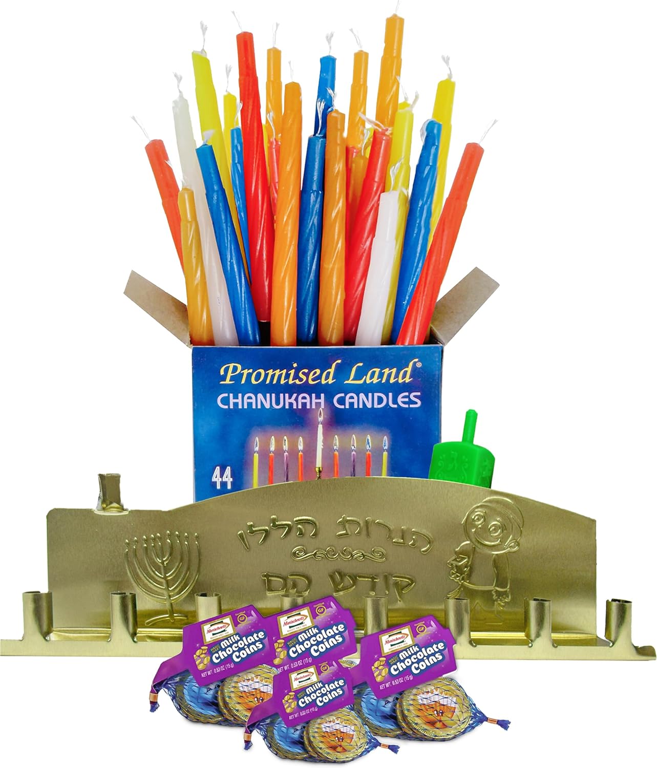 Kosherific Chanukah Basics Gift | Includes 1 Box of 44 Hanukkah Candles | 1 Tin Menorah | 4 Milk Chocolate Gelt Gold Coins | Med. Dreidel (Colors May Vary) Dreidel Game Included |Perfect Hanukkah : Grocery & Gourmet Food