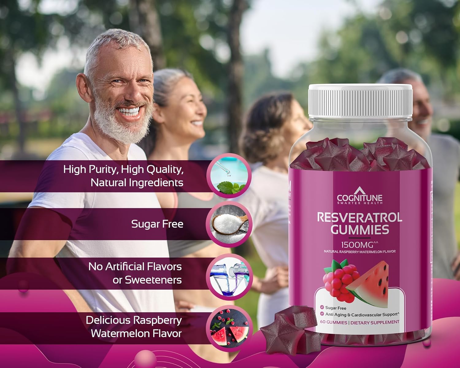 Cognitune Resveratrol Gummies – Sugar Free 1500Mg Antioxidant Supplement For Heart, Brain & Immune Support – Powerful Anti-Aging Trans Resveratrol Chews For Longevity & Wellness : Health & Household