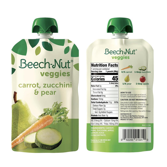 Beech-Nut Baby Food Pouches, Carrot Zucchini & Pear Veggie Puree, 3.5 oz (18 Pack)