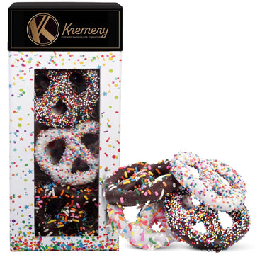 Kremery Creamy Chocolate Cravings - Chocolate Covered Pretzel Twists Basket In Confetti Tower (12 Count) Appreciation Birthday Sweet Treats - Assorted Candy Toppings - Kosher Dairy