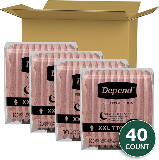 Depend Night Defense Adult Incontinence & Postpartum Bladder Leak Underwear For Women, Disposable, Overnight, Extra-Extra-Large, Blush, 40 Count (4 Packs Of 10), Packaging May Vary