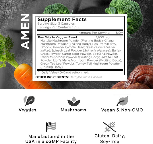 Veggies, Daily Veggies Vitamins Supplement, Vegetables Vegan Blend & Whole-Food Raw Greens Multivitamin Capsules, Mushroom Complex, Superfood, Minerals, Green Vegetable Nutrients, Non-GMO, 90 ct