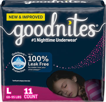 Goodnites Girls' Nighttime Bedwetting Underwear, Size Large (68-95 Lbs), 11 Ct