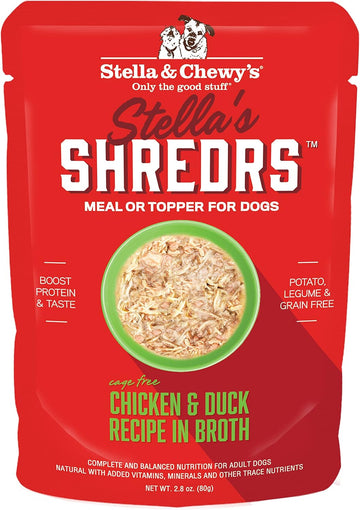 Stella & Chewy'S Stella’S Shredrs Cage Free Chicken & Duck Recipe In Broth, 2.8 Oz. Pouches (Pack Of 24)