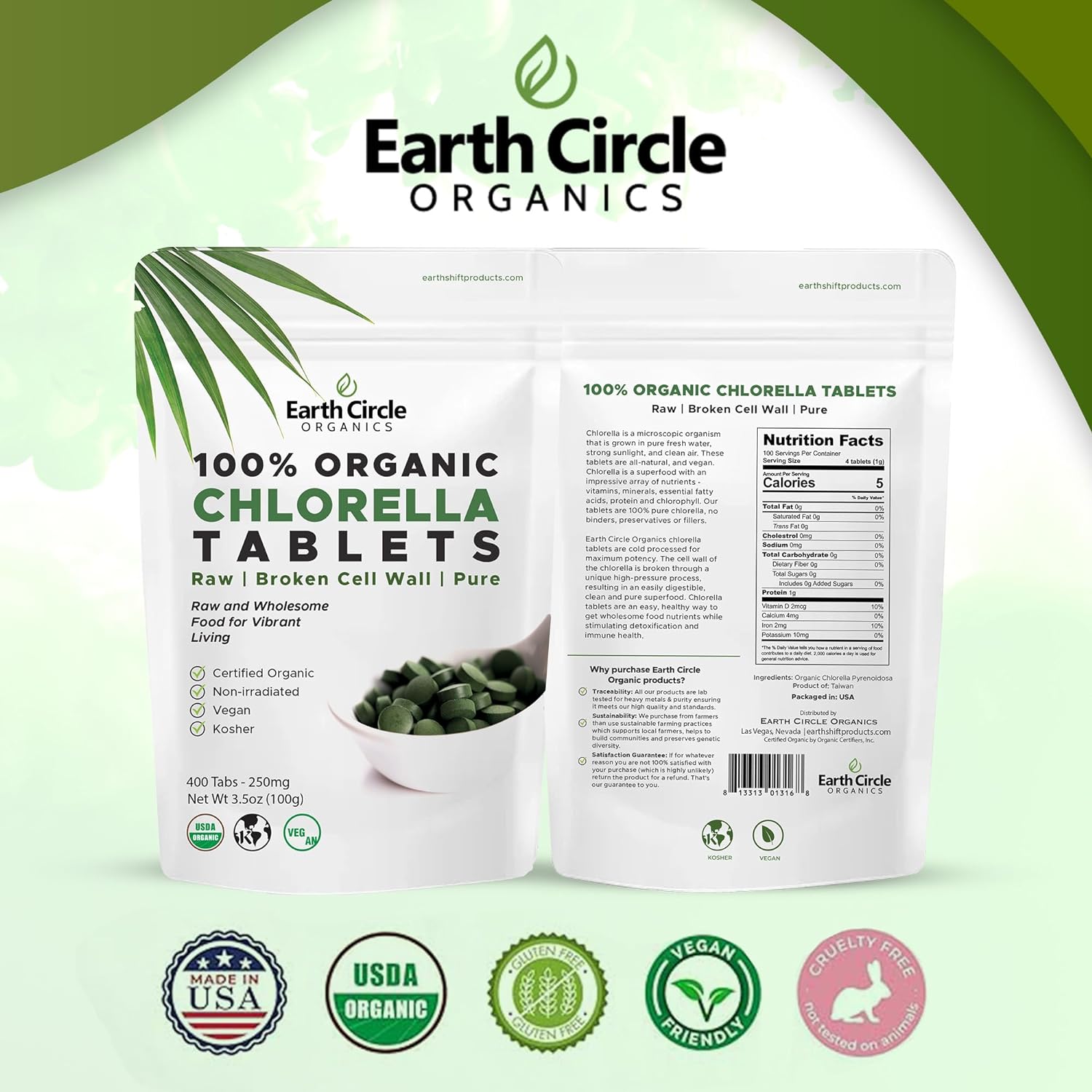 Organic Chlorella Tablets | Kosher | Potent Supplement, All-Natural Chlorophyll, Green Algae superfood, Broken Cell Wall | High in Protein & Iron, no additives, Vegan - 400 Tablets : Health & Household