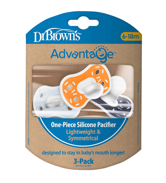 Dr. Brown'S Advantage One-Piece Silicone Baby Pacifier, Fully Symmetrical Soother, Dark Gray/Green/Yellow, 6-18M, Bpa Free, 3 Pack