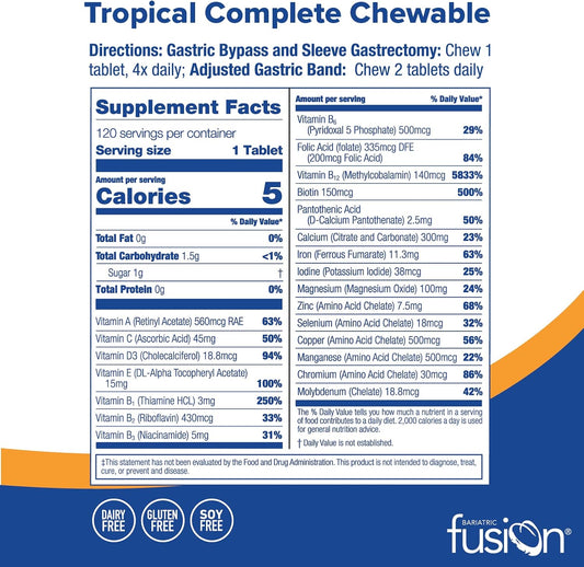 Bariatric Fusion Tropical Complete Chewable Bariatric Multivitamin With Iron For Bariatric Surgery Patients Including Gastric Bypass And Sleeve Gastrectomy - 120 Tablets