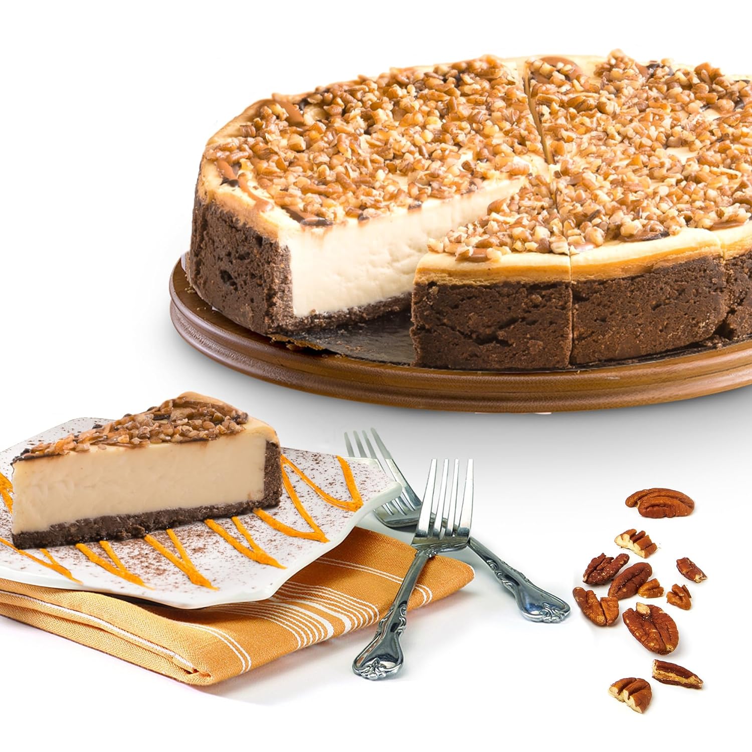 Chocolate Caramel Pecan Cheesecake 10" - Pre-Sliced 14 Pcs. Creamy Cheesecake Topped With Clumps Of Chewy Pecans Drenched In A Coating Of Caramel, Fresh Bakery Dessert Great Gift Idea For Women, Men