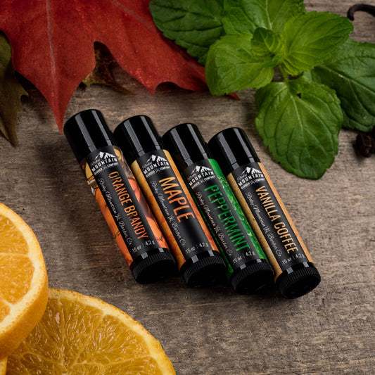 Lip Balm Set - 4 Scents - Maple, Vanilla Coffee, Peppermint, & Orange Brandy - No Shine Matte Finish - Featuring Coconut Oil, Avocado Oil, Bees Wax, & Shea Butter By Rocky Mountain Barber Company