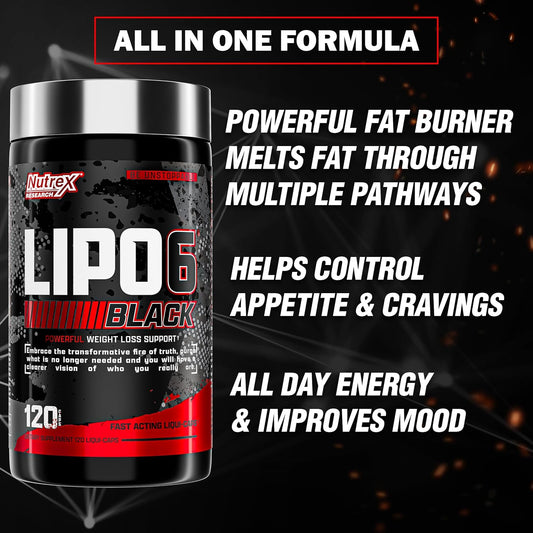 Nutrex Lipo-6 Black Max Strength Fat Burner - Fast Acting Energy, Weight Loss Diet Pills – Appetite Suppressant, Metabolism Booster - 120 Capsules