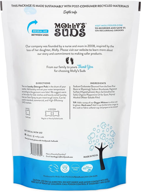 Molly'S Suds Laundry Detergent Pods | Natural Detergent For Sensitive Skin | Ultra Concentrated And Stain Fighting | Peppermint - 60 Count