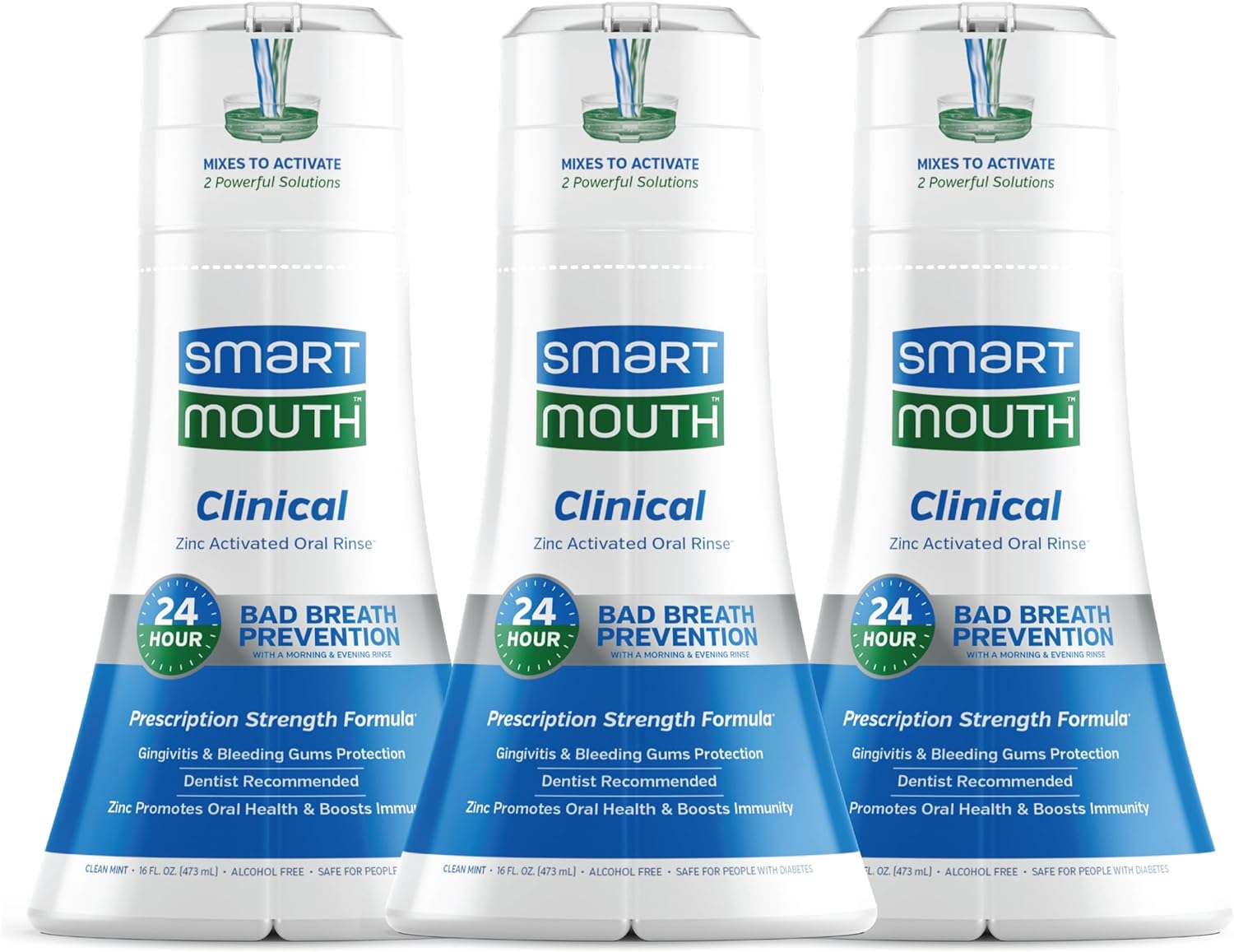 Smartmouth Dds Activated Clinical Mouthwash - Adult Mouthwash For Fresh Breath - Clinical Strength Mouthwash For Gum Health, Gingivitis & More - Clean Mint Flavor, 16 Fl Oz (3 Pack)