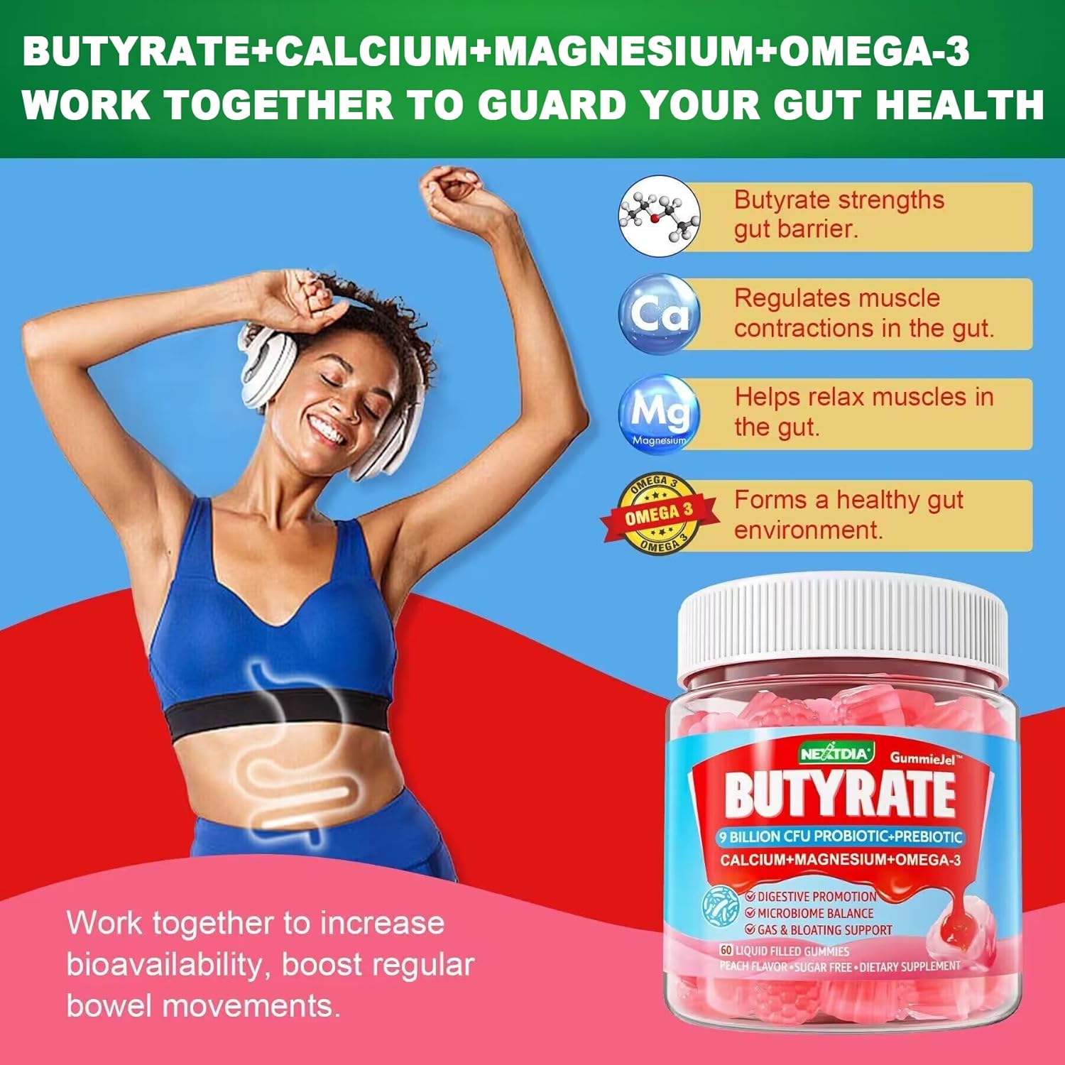 Butyrate Gummies With Probiotic + Prebiotic + Postbiotic, Omega-3 500Mg,Fiber With 9 Billion Cfu Probiotics, Calcium & Magnesium, Inulin,Psyllium Husk For Digestive Health,Bloating Support,Sugar Free : Health & Household